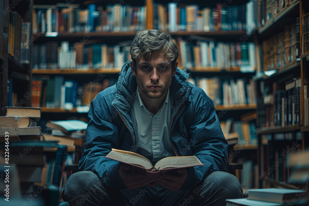 Poster a student intensely studying in a library late at night. concept of dedication and pursuit of knowle
