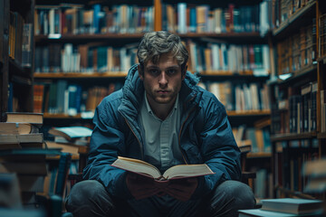 A student intensely studying in a library late at night. Concept of dedication and pursuit of knowledge. Generative Ai.