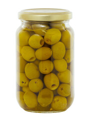 Jar of green olives isolated on white