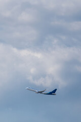 Commercial airplane flying in the sky with negative space surrounding it.