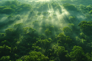 Aerial view of a dense forest with sunlight filtering through the canopy. Concept of nature and tranquility. Generative Ai.