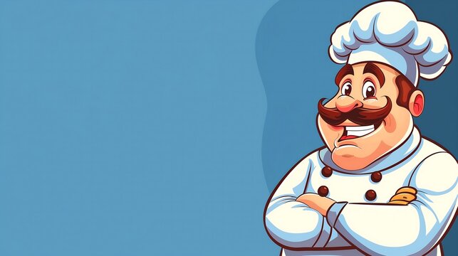 vector image of a cartoon chef on a blue background with free space on the left for text 