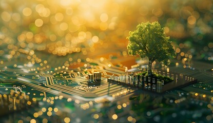 Tree Growing on Circuit Board with Bokeh Background