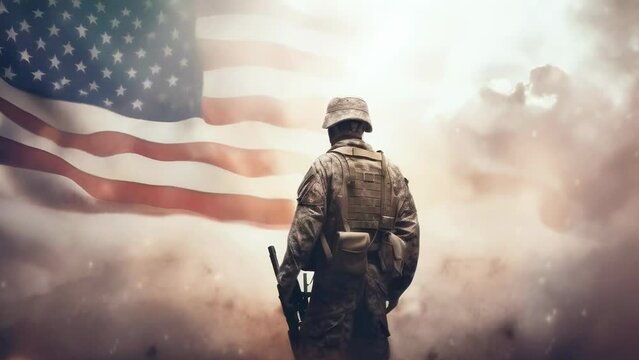 A soldier stands in front of an American flag, exuding patriotism, bravery, and honor. The image evokes themes of military service, sacrifice, freedom, and national pride.