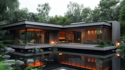 Obraz premium 21st-Century Minimalist Concrete and Glass House:. Image showcasing the sleek and minimalist design of the house with concrete and glass elements.