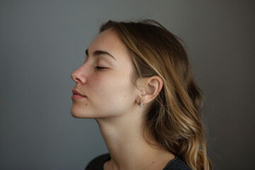 A close up of a woman's face with her eyes closed looking to a side