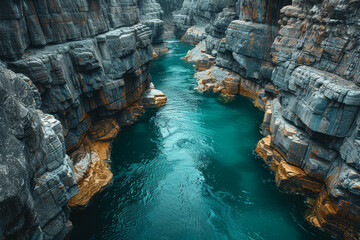Bird's-eye shot of a dramatic canyon with a river flowing through it. Concept of geological formations and natural wonder. Generative Ai.