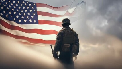 A soldier stands guard under a cloudy sky, the American flag waving in the background, symbolizing loyalty, protection, and patriotism. Themes: military service, honor, duty, courage.
