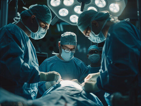 healthcare professionals in blue scrubs and surgical caps are present in an operating room with bright overhead lights suggesting a sterile and precise medical environment