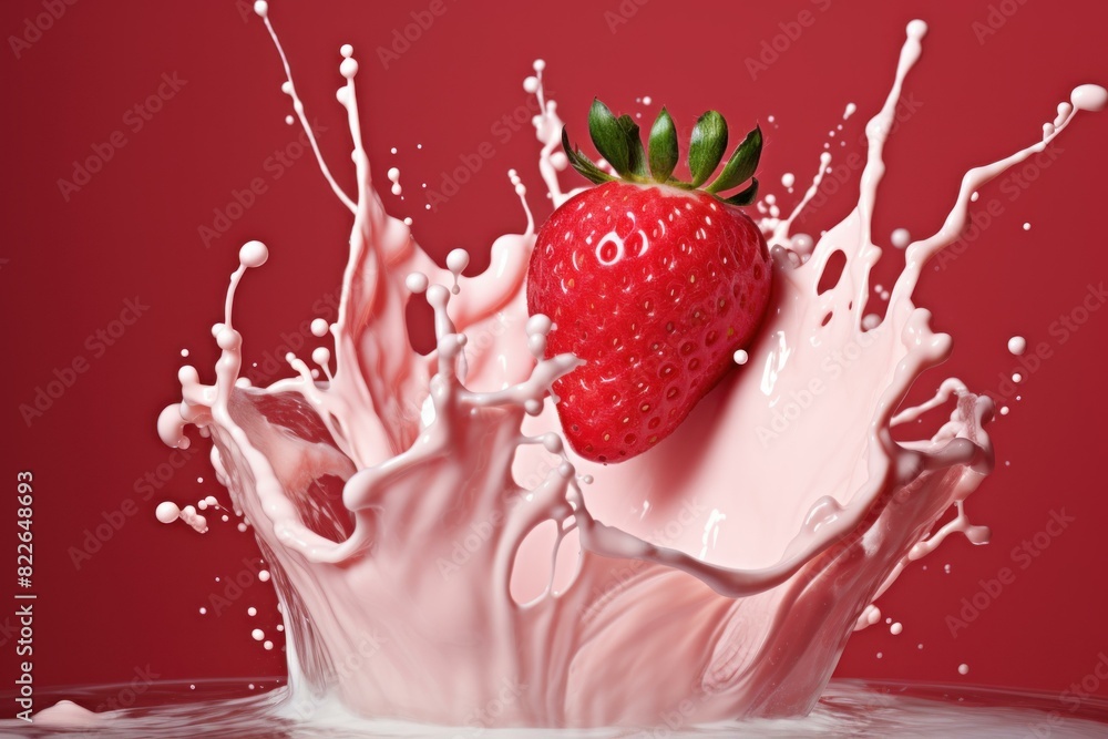 Poster close-up image of a fresh strawberry falling into milk with a dynamic splash