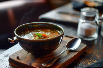 Steaming Bowl of Hearty Soup on a Wooden Board with Spoon in a Cozy Restaurant