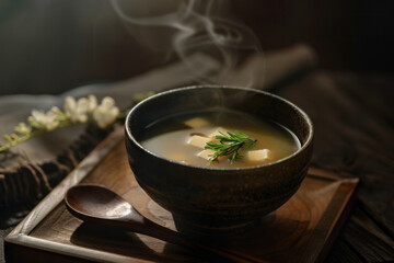 Steaming Bowl of Miso Soup with Tofu and Green Onions on a Wooden Tray