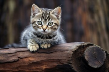 Cute striped tabby kitten with captivating eyes lounging on a rustic log