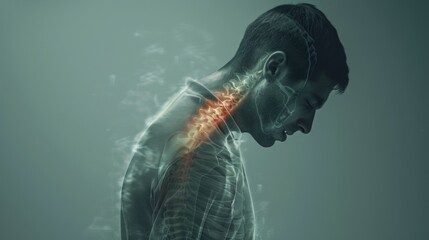 Obraz premium Rear view of a man holding his lower back in pain, with an overlay highlighting the spine and affected areas, illustrating back pain and spinal issues.