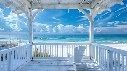 Seaside, Florida white wooden gazebo pavilion architecture with Gulf of Mexico ocean waterfront beach view, chair by railing - Powered by Adobe