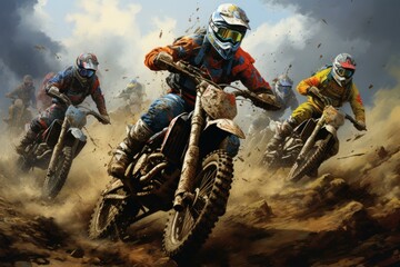 Dirt bikers fiercely compete, kicking up dust on a rough motocross track