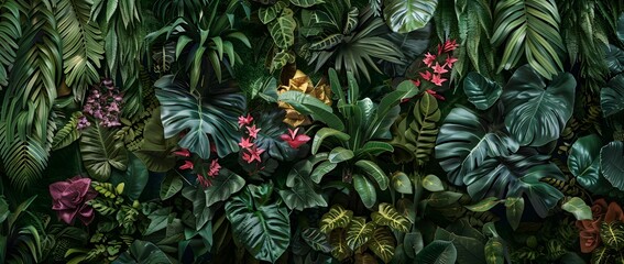 Fototapeta premium Lush Green Plants and Exotic Flowers Against Textured Background