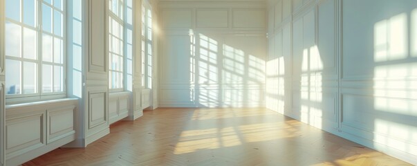 Empty bright apartment with large windows and city view at sunset
