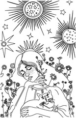 Girl with cat and flowers coloring page coloring book illustration