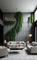 gray and marble luxury living room interior with sleek furniture and a vertical garden