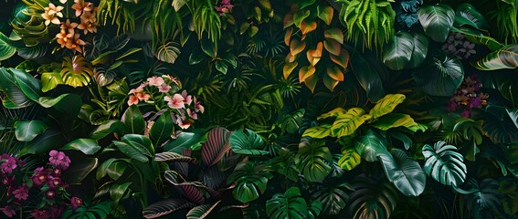 Lush Green Wall of Tropical Plants and Flowers with Banner