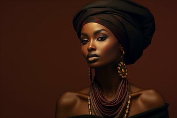 Portrait of a graceful african lady with a turban, adorned in ethnic jewelry