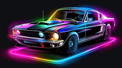 Neon retro car on black background, horizontal vintage banner