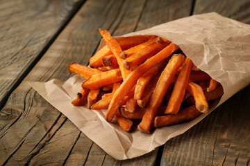 Delicious Sweet Potato Fries in a Brown Paper Bag on a Wooden Table