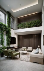 gray and marble luxury living room interior with sleek furniture and a vertical garden