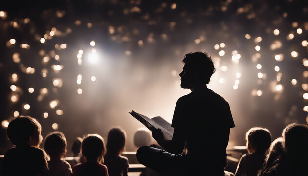 silhouette of man reading a story to children, bright background with stars, surrounded by children