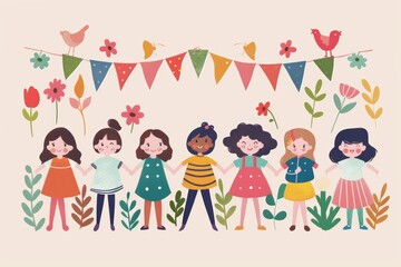 Fototapeta premium June 1 - International Day for Protection of Children flat colorful illustration. Kids birthday party celebration.