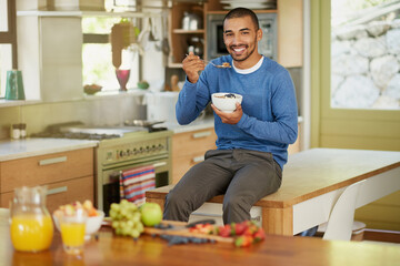 Man, portrait and kitchen with oats for healthy food, diet or nutrition for morning breakfast. Male...