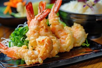 Golden Tempura Shrimp Served with Fresh Greens and Rice on a Black Plate