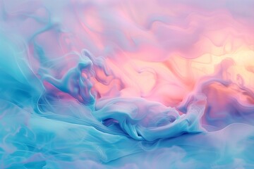 Obraz premium : A tranquil abstract background with soft pastel pink and blue liquid paints mixing together gently, creating a dreamy and ethereal effect like a sunset sky.