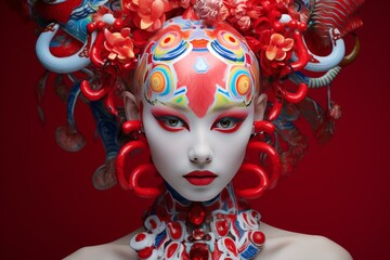 Artistic portrait of a model with a colorful abstract makeup and an ornate headdress