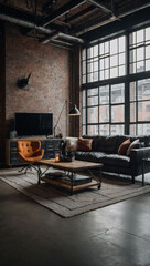 Urban loft space featuring industrial  elements in the living room.
