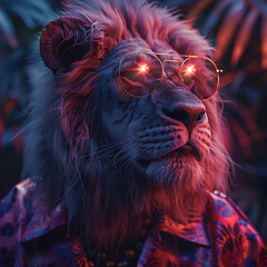 Striking Surrealist Lion in Neon Fashion from the 80s
