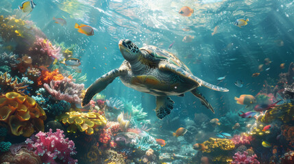 A sea turtle gracefully swims among colorful coral reefs, surrounded by various tropical fish in a sunlit underwater scene.