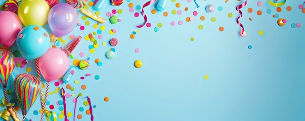 Colorful balloons and confetti on a vibrant blue background for celebration