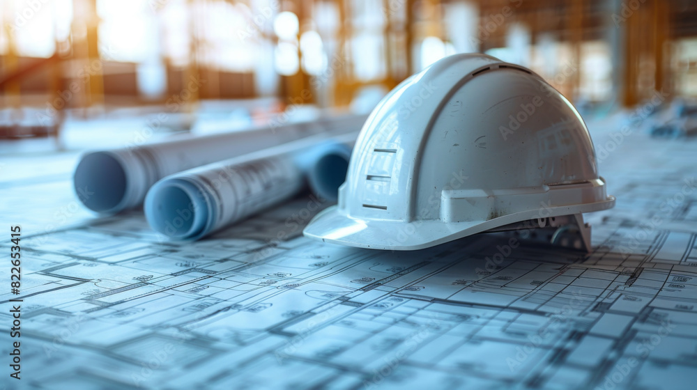 Poster a white hard hat and blueprints lie on a construction site table, symbolizing planning and engineeri