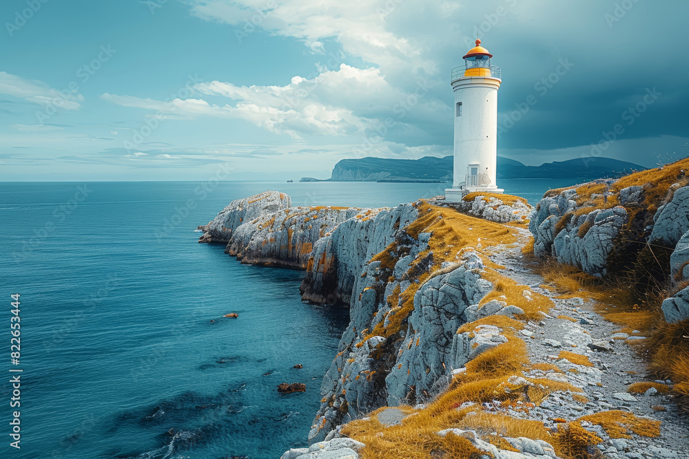 Sticker high-angle photo of a historic lighthouse on a rocky coast. concept of maritime heritage and navigat