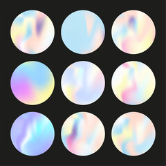 Holographic abstract backgrounds set. Gradient hologram. Pearlescent holographic backdrop. Minimalistic 90s, 80s retro style graphic template for flyer, poster, banner, mobile app.