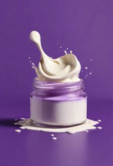 glass jar with white cream with splashes on purple background, cosmetology and rejuvenation