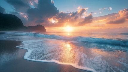 A tranquil beach scene with gentle waves and a stunning sunset, casting warm colors over the...