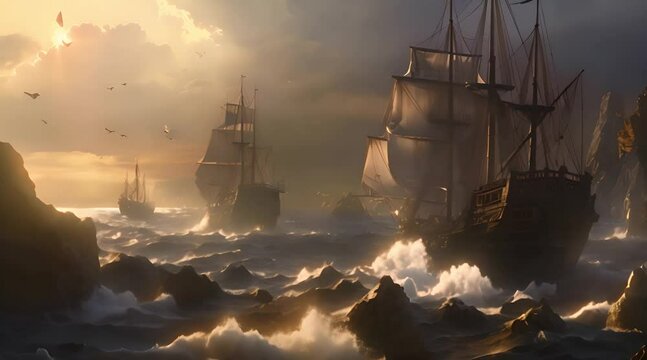 The pirate ship sailed on the sea and the sky was dark with sunlight shining through the clouds. high quality