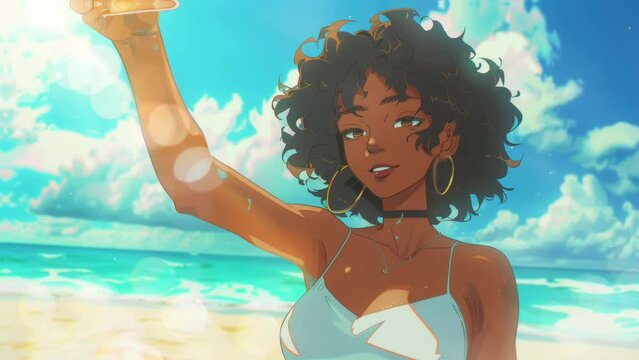 black woman taking selfie with smartphone on sunny beach, anime style