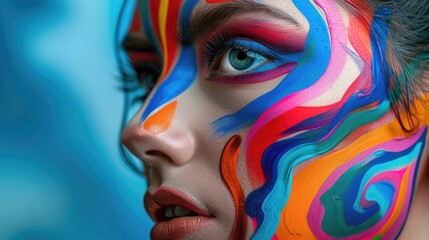 Painted Face. Beautiful Caucasian Woman with Colorful Art on Her Face