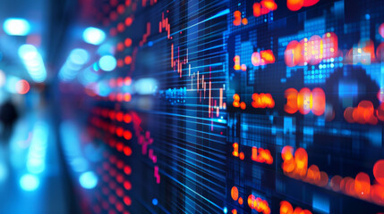 Fototapeta premium Close-up of stock market data displayed on a digital screen with colorful lights and charts in the background.