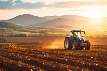 Obraz premium Countryside Scene. Modern Agricultural Machinery Plowing Field at Farm During Sunset