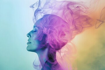 Woman's Head Dissolving into Colorful Smoke with Gradient Background